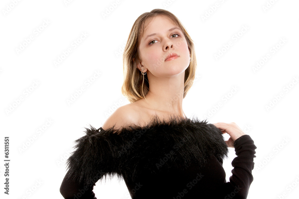 Pretty brunette woman in black dress on white background. Pretty brunette woman in black dress on white background.