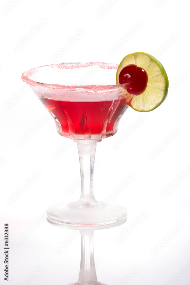 Closeup of Cosmopolitan cocktail in martini glass.