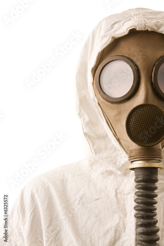 Person in gas mask on white background