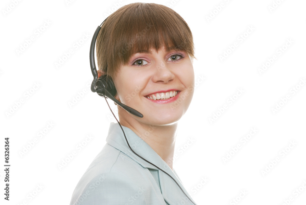 Customer Support Representative with smile isolated on white Customer Support Representative with smile isolated on white