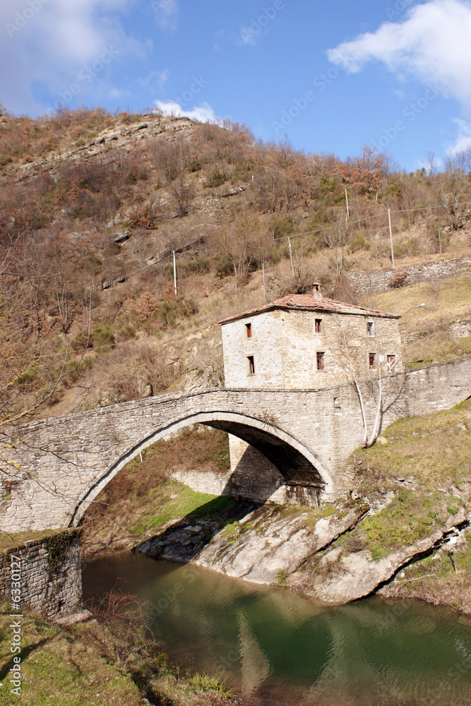 Ancient stone bridge in the Apennines near the dam of Ridracoli