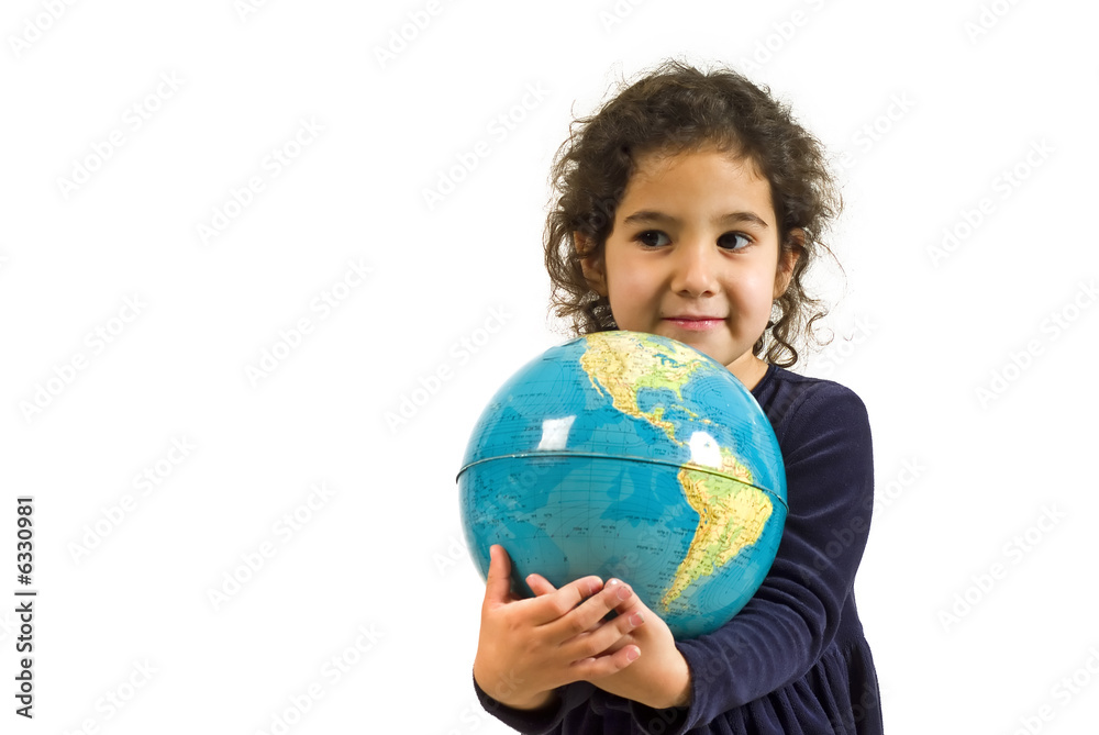 littel girl holding the globe isolated on white littel girl holding the globe isolated on white