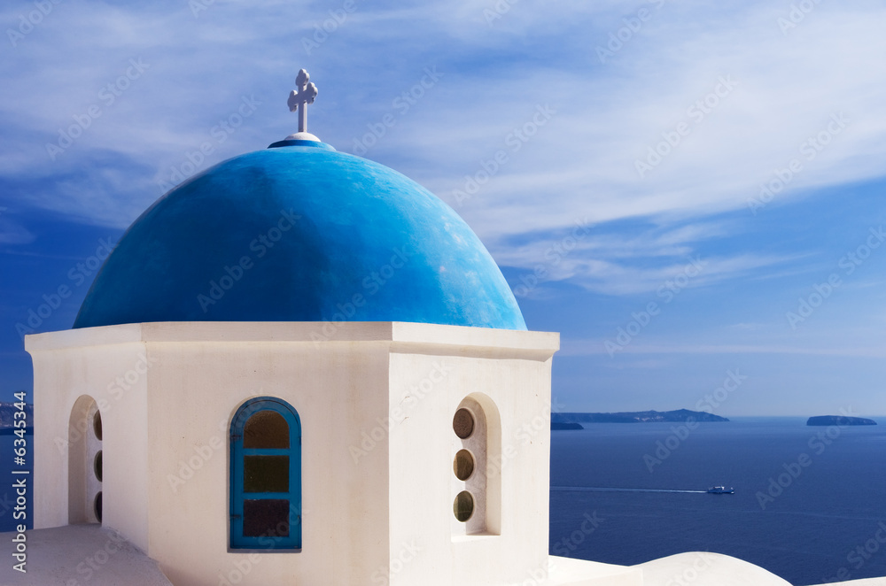 Blue church dome in Santorini, Greece