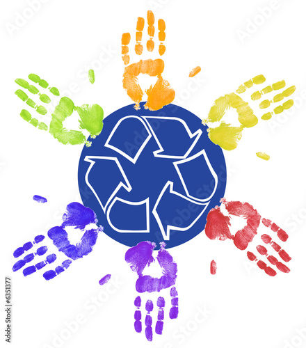 many different colored hands working to recycle together