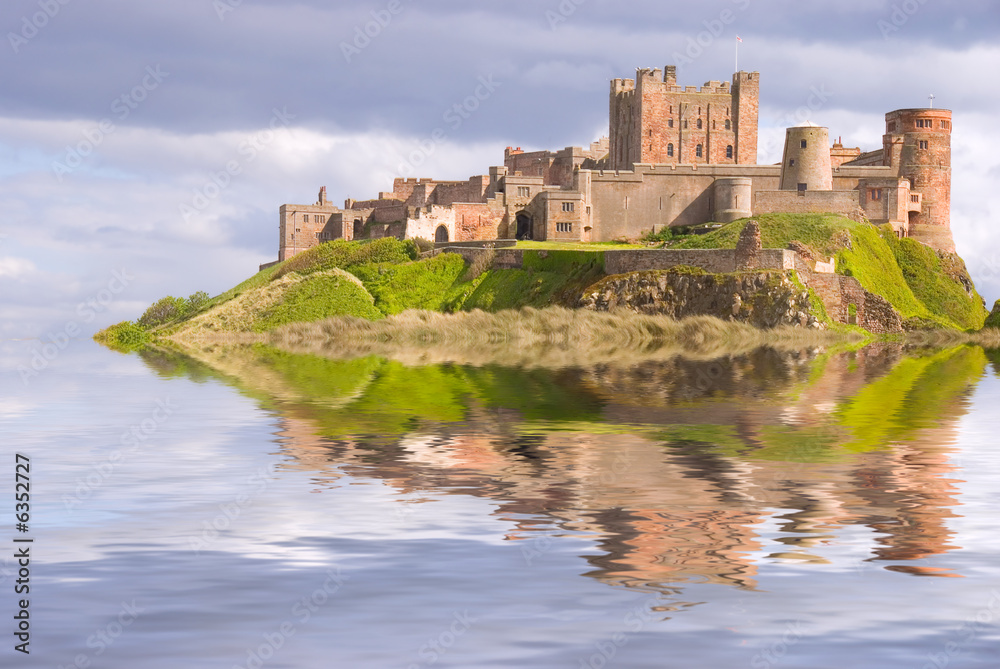 Fantasy view of Bamburgh Castle surrounded by water