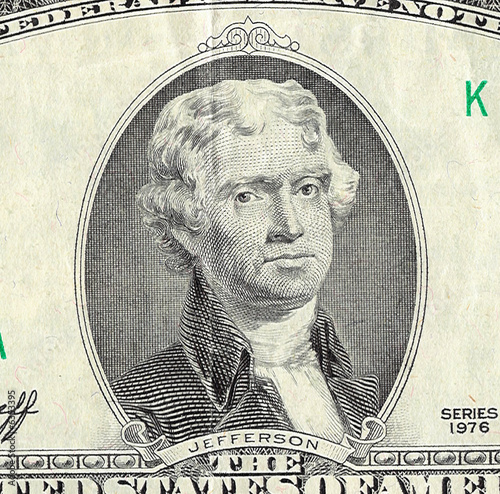 Isolated two-dollar banknote, portrait of Thomas Jefferson