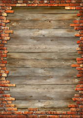 Wooden boards background texture with brick wall framing
