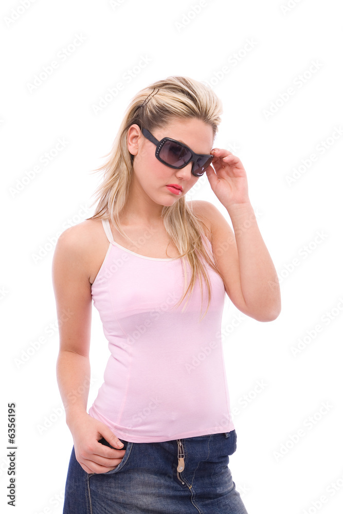 beautiful young woman with sunglasses on white beautiful young woman with sunglasses on white