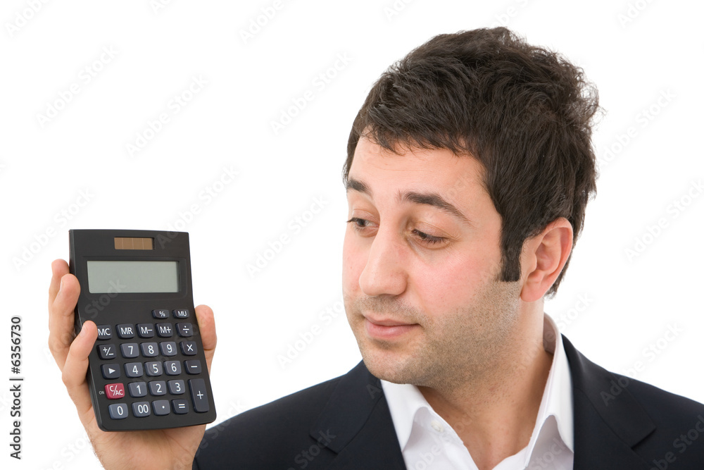 businessman with modern calculator on white background businessman with modern calculator on white background