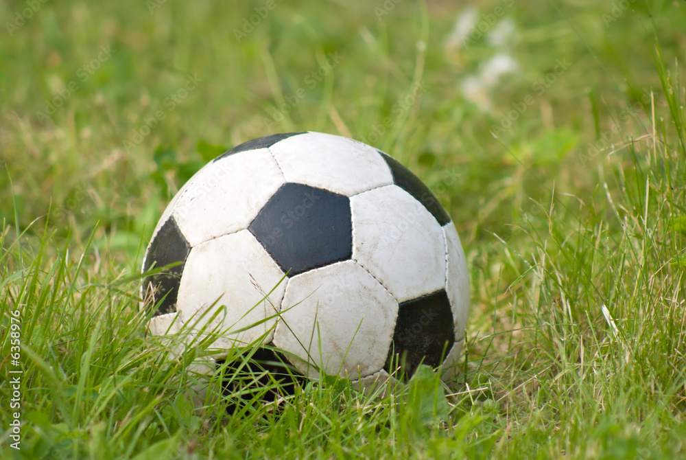 Soccer ball lies on green fresh grass Soccer ball lies on green fresh grass