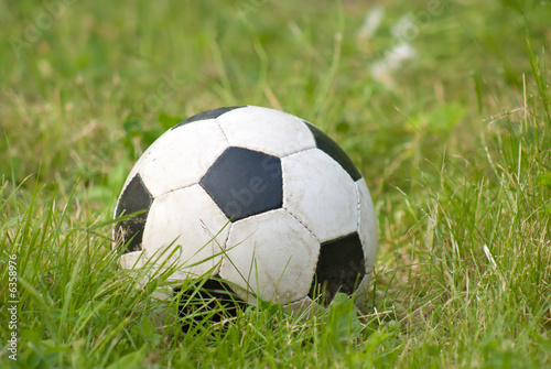 Soccer ball lies on green fresh grass © Oleg Kozlov