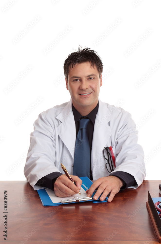 Doctor or surgeon sitting at desk with writing pen and form. Doctor or surgeon sitting at desk with writing pen and form.