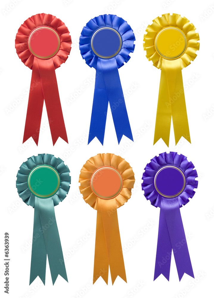 Six single-tier rosettes in various colours isolated on white - obrazy, fototapety, plakaty 