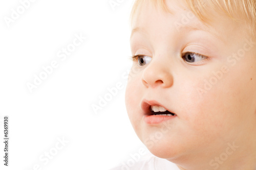Portrait of child on white background.