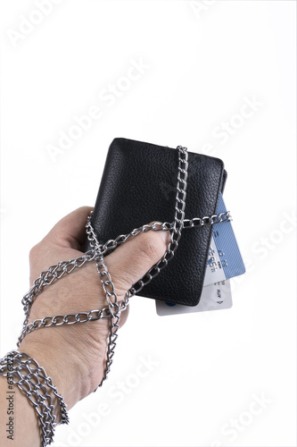 hand wallet and credit card tied with chain