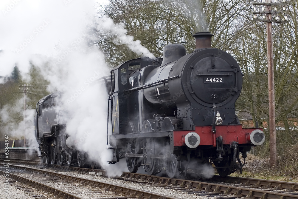 Naklejka premium A steam engine pulls into a railway station