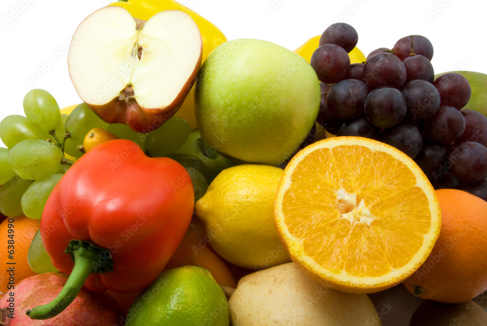 grapes and fruits on white background.