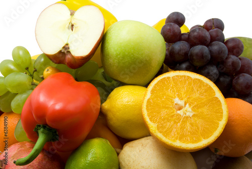 grapes and fruits on white background.