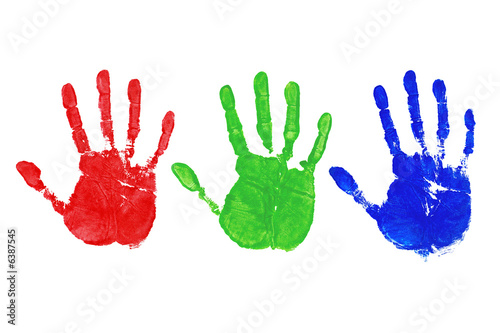 Three painted hand prints in Red, Green and Blue