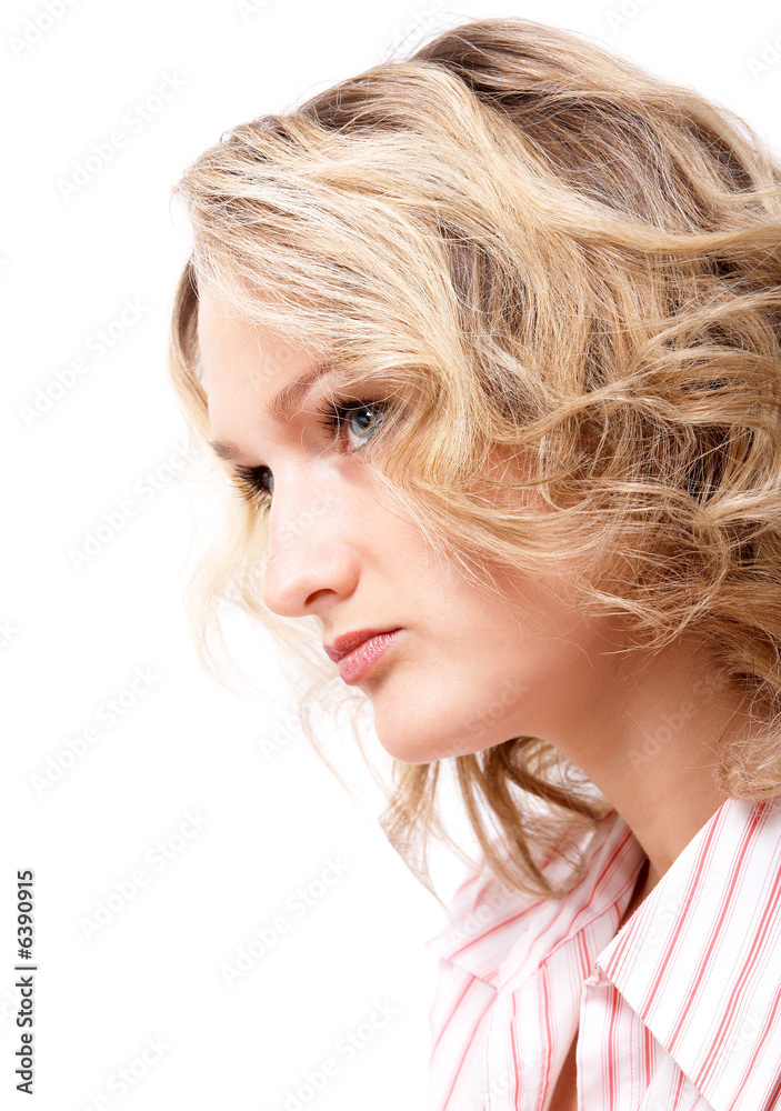 Portrait of blonde girl in pink dress on white background Portrait of blonde girl in pink dress on white background