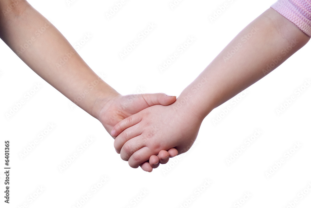Two young sisters holding hands. Isolated on white Two young sisters holding hands. Isolated on white