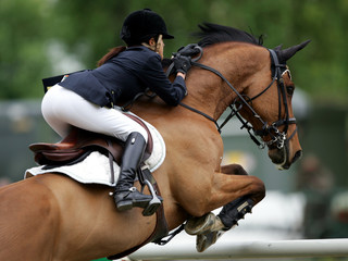 Sierkussen Paardrijden Springruiter neemt hindernis op manege  © Fotoimpressionen