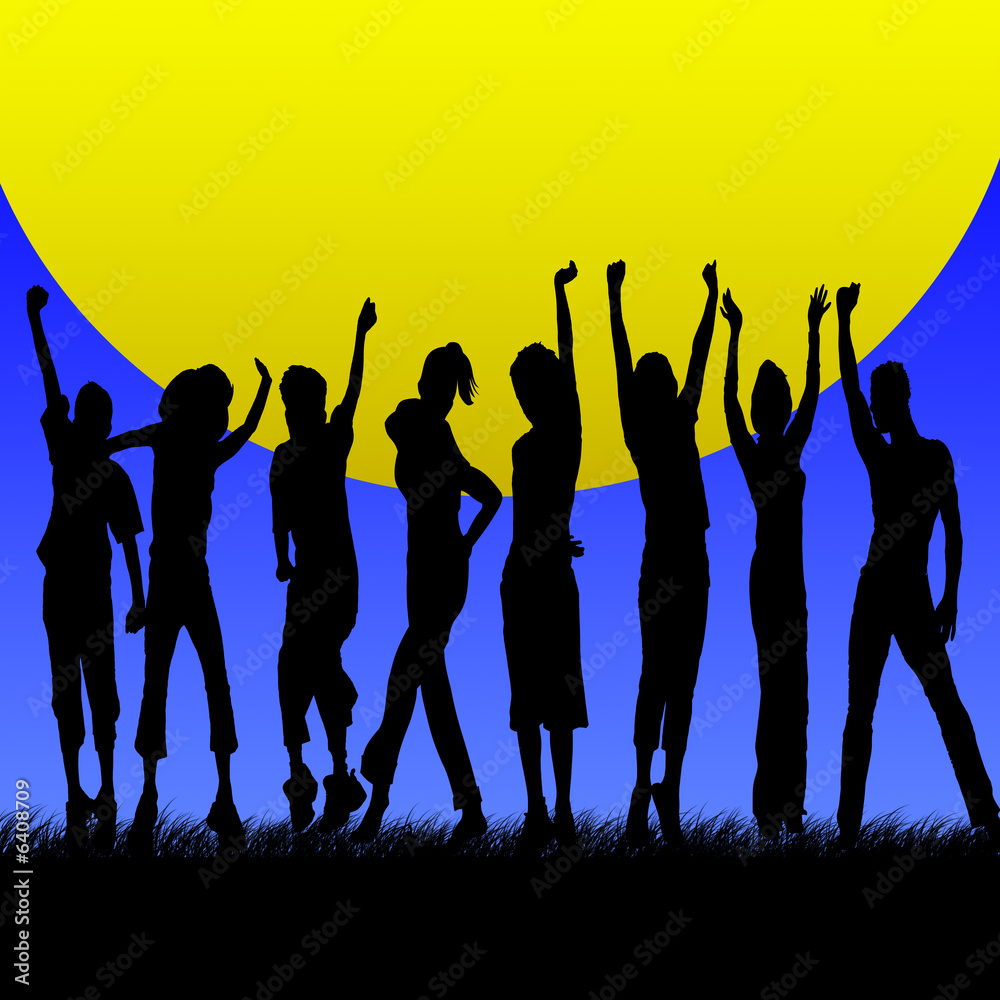 Happy people against sunset Happy people against sunset