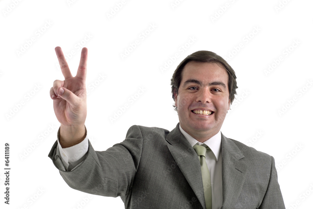 Young businessman showing two fingers isolated on white Young businessman showing two fingers isolated on white