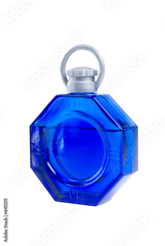 Blue Bottle of perfume on white background photo