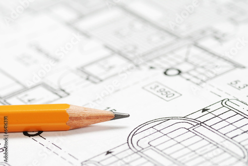 Pencil over house plan blueprints