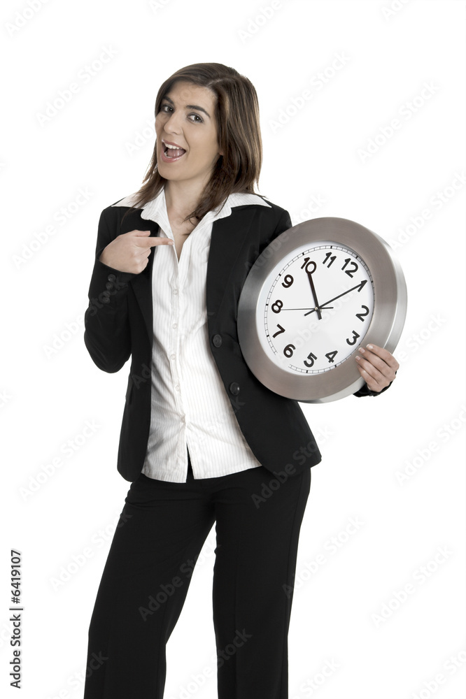 Happy business holding a clock isolated on white Happy business holding a clock isolated on white