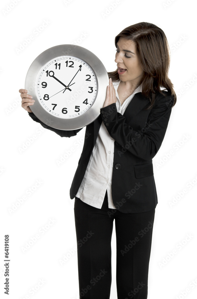 Happy business holding a clock isolated on white Happy business holding a clock isolated on white