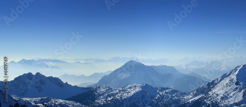 High angle panoramic view of the winter Giulian alps