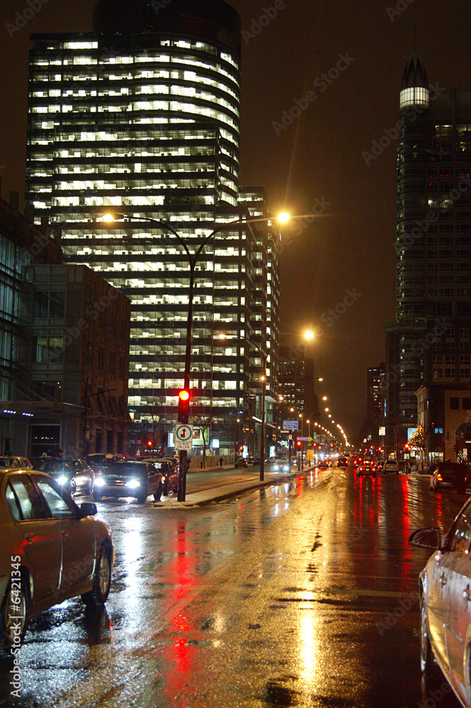 City night scene,Rene Levesque blvd, Montreal, Quebec, Canada