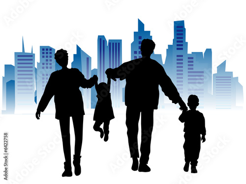 Happy family on a background of city, black silhouette