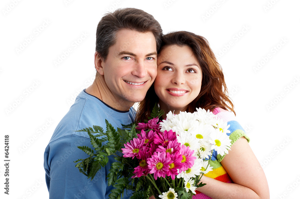 Young love couple smiling. Over white background . Young love couple smiling. Over white background .