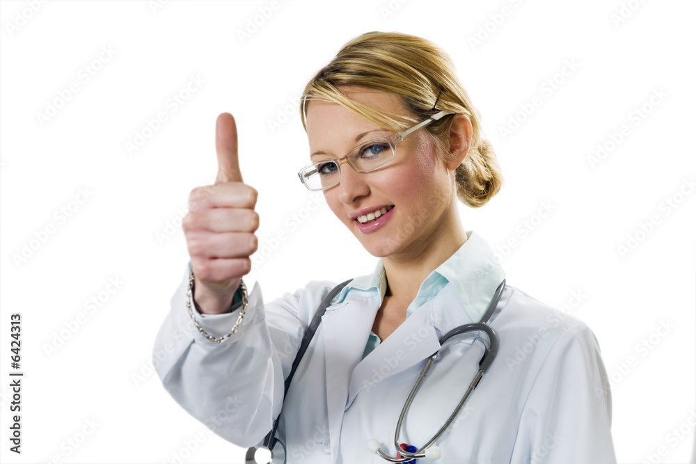healthcare and medicine: young doctor with thumb up healthcare and medicine: young doctor with thumb up