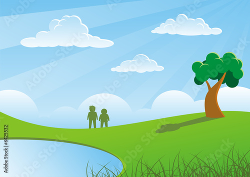 Two people and tree on grasses