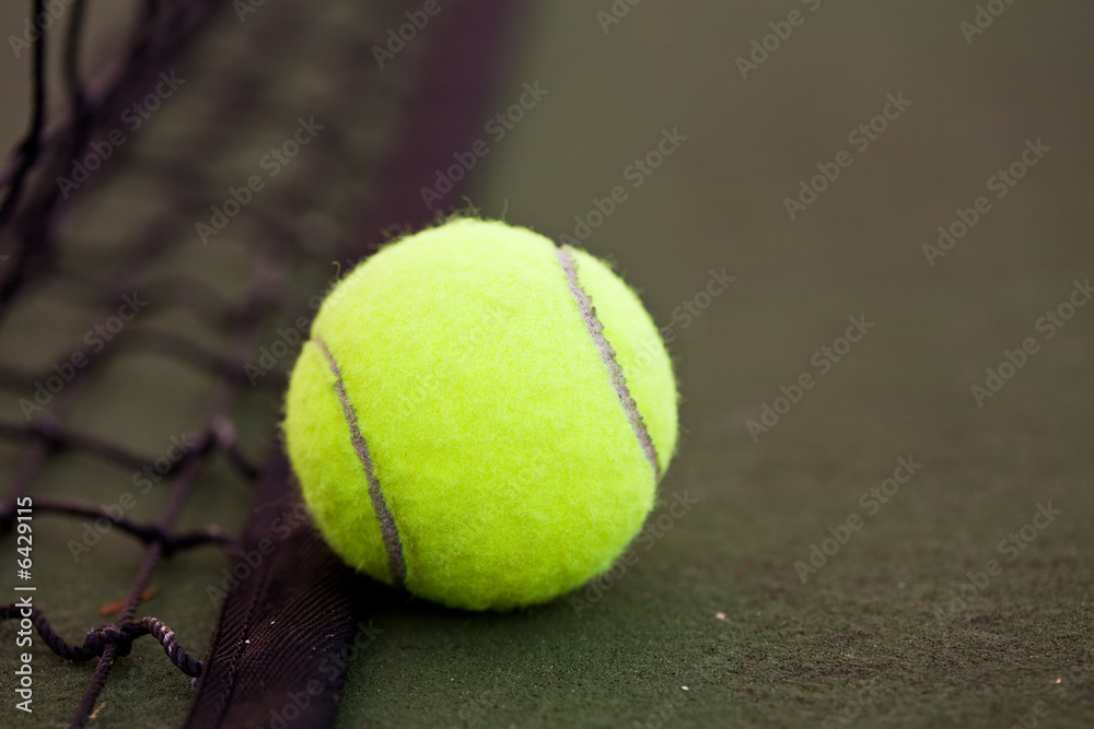 A shot of a tennis ball and a net on a tennis court