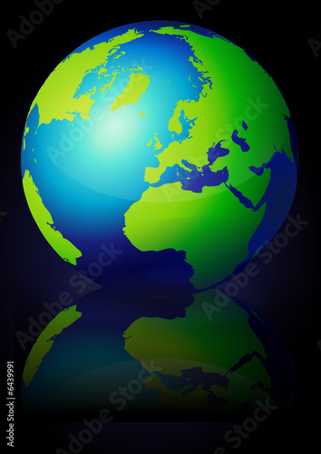Globe terrestre sur fond noir (reflet métal)