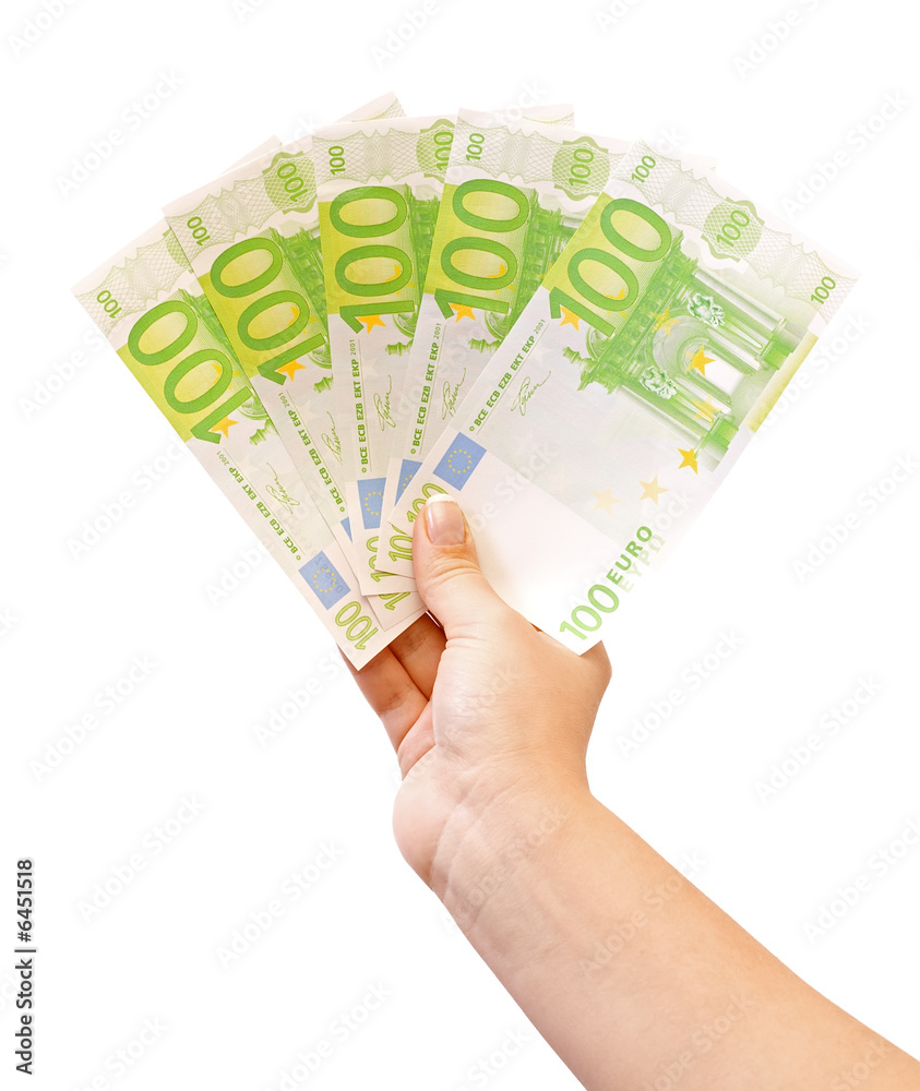 A woman holding 500 euro in her hand.
