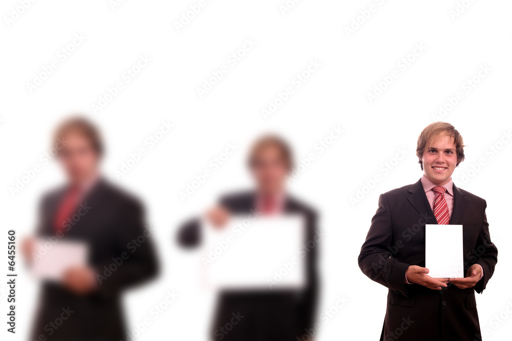 man with white board (focus on the right) man with white board (focus on the right)