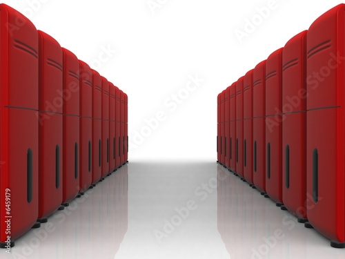 two rows of red servers