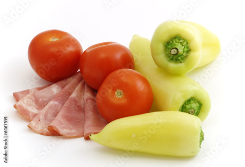 cured meat with vegetables isolated on white background