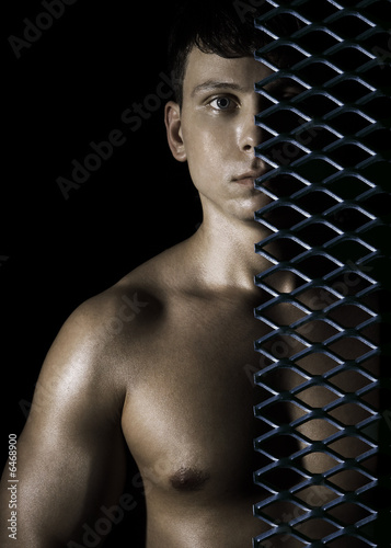 Muscular man behind a lattice. Night in a moonlight