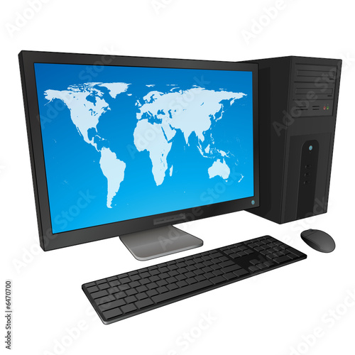 Ordinateur de bureau noir avec planisphère