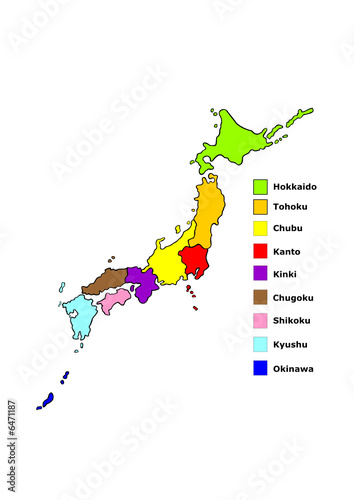 Japan Karte mit Regionen - politisch mit Legende