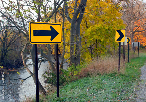 road signs at river edge