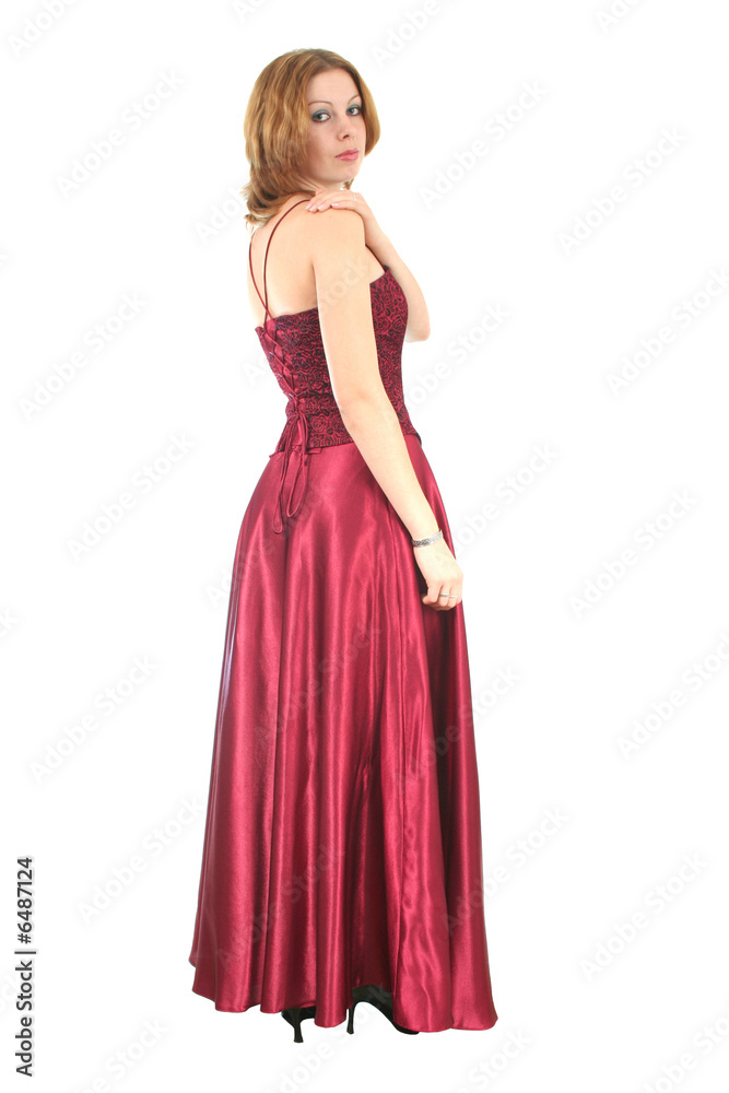 woman in red gown on white background