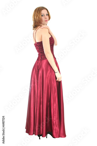 woman in red gown on white background
